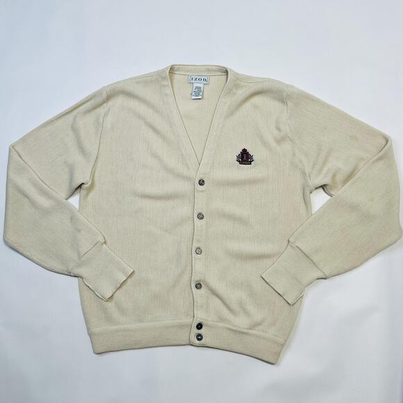 Vintage Izod Sweater Mens Medium Cream Crest Logo Cardigan Acrylic Preppy 90s - Picture 1 of 9